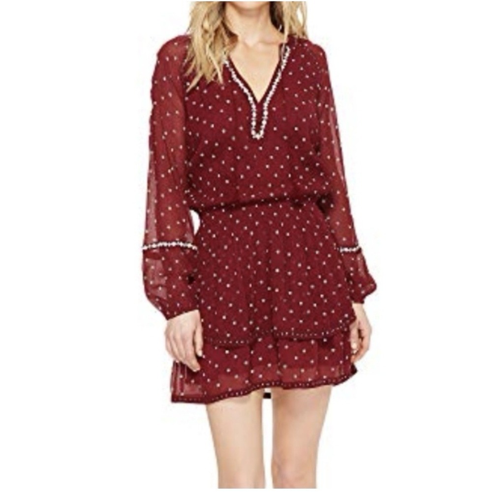 Paige Shanti Long Sheer Sleeve Layered Mini Dress Embroidered & Studs $328 Sz S